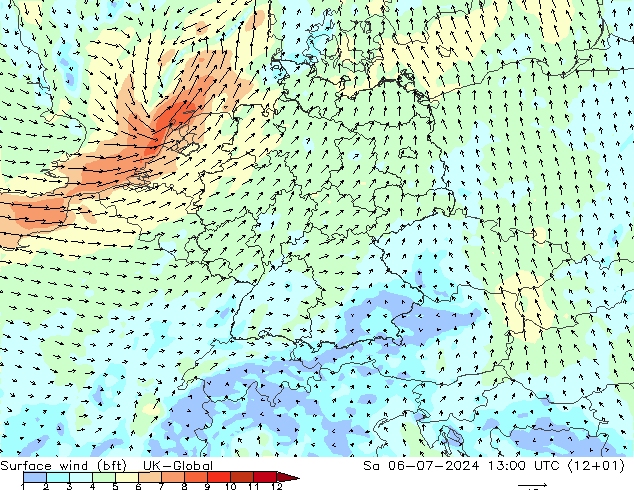 Wind 10 m (bft) UK-Global za 06.07.2024 13 UTC