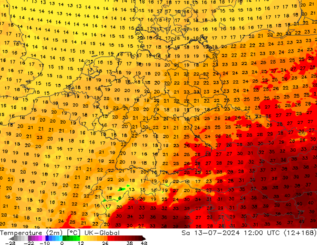 Temperatuurkaart (2m) UK-Global za 13.07.2024 12 UTC