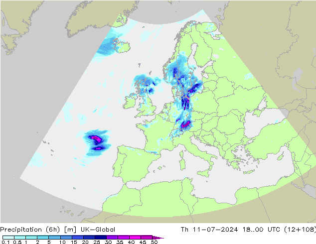 降水量 (6h) UK-Global 星期四 11.07.2024 00 UTC