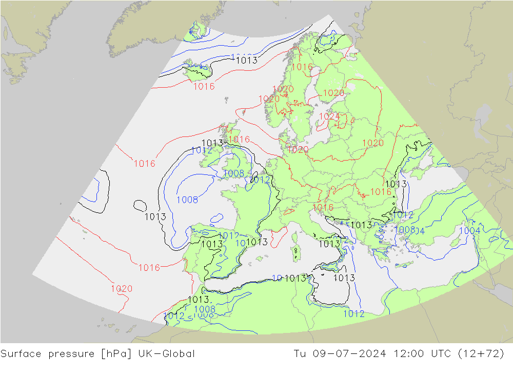 地面气压 UK-Global 星期二 09.07.2024 12 UTC