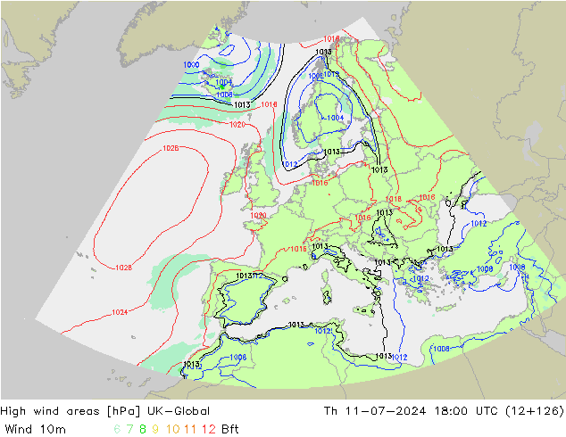 High wind areas UK-Global 星期四 11.07.2024 18 UTC