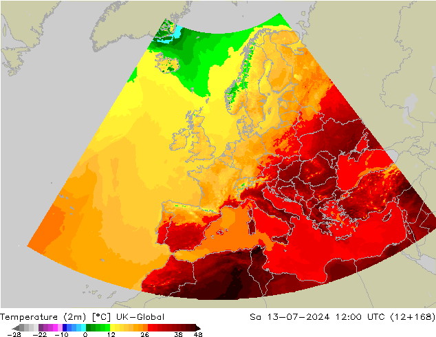 Temperatuurkaart (2m) UK-Global za 13.07.2024 12 UTC
