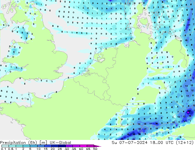 降水量 (6h) UK-Global 星期日 07.07.2024 00 UTC