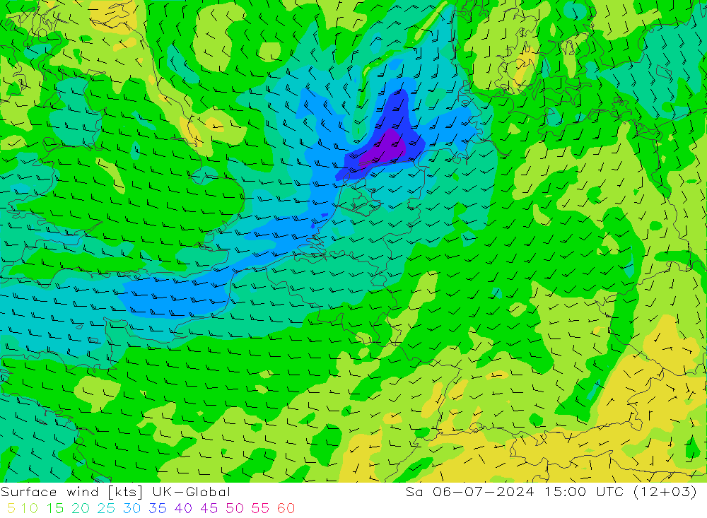 风 10 米 UK-Global 星期六 06.07.2024 15 UTC