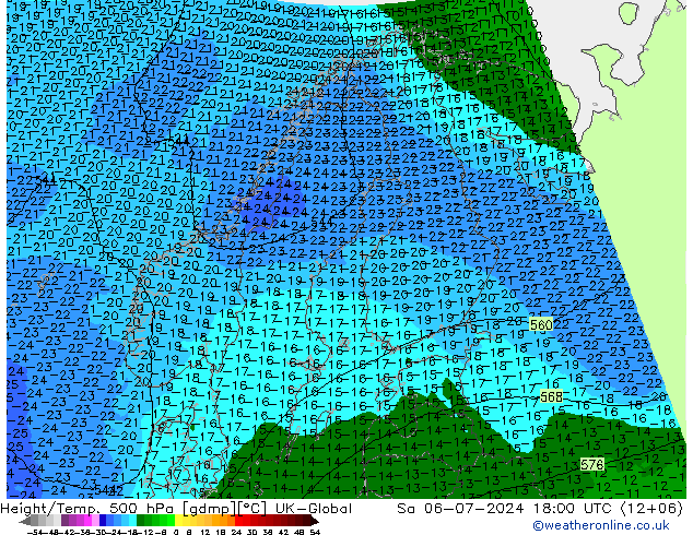 Height/Temp. 500 hPa UK-Global 星期六 06.07.2024 18 UTC