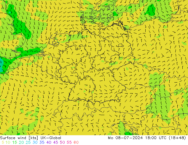 风 10 米 UK-Global 星期一 08.07.2024 18 UTC