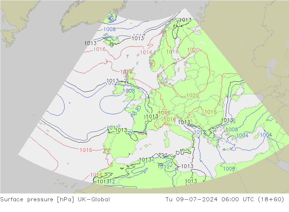 Luchtdruk (Grond) UK-Global di 09.07.2024 06 UTC