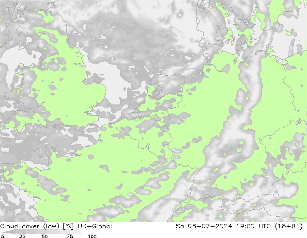 Bewolking (Laag) UK-Global za 06.07.2024 19 UTC