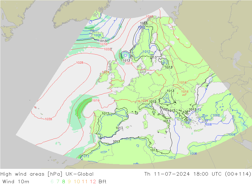 High wind areas UK-Global 星期四 11.07.2024 18 UTC