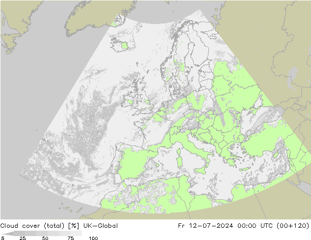 Bewolking (Totaal) UK-Global vr 12.07.2024 00 UTC