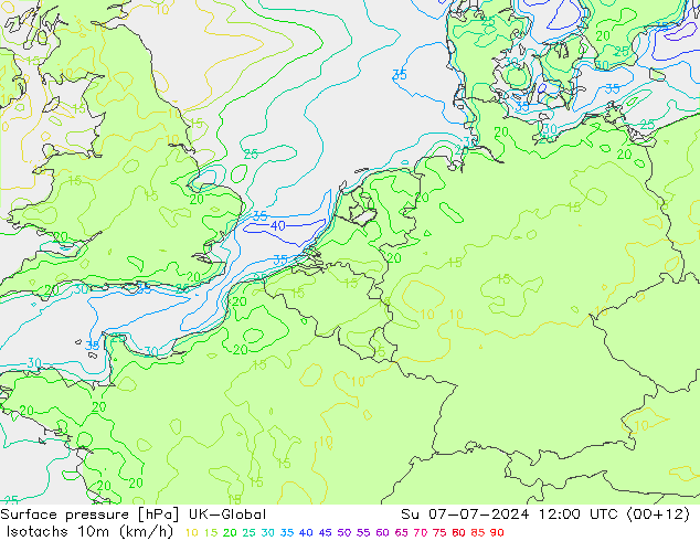 Isotachen (km/h) UK-Global zo 07.07.2024 12 UTC