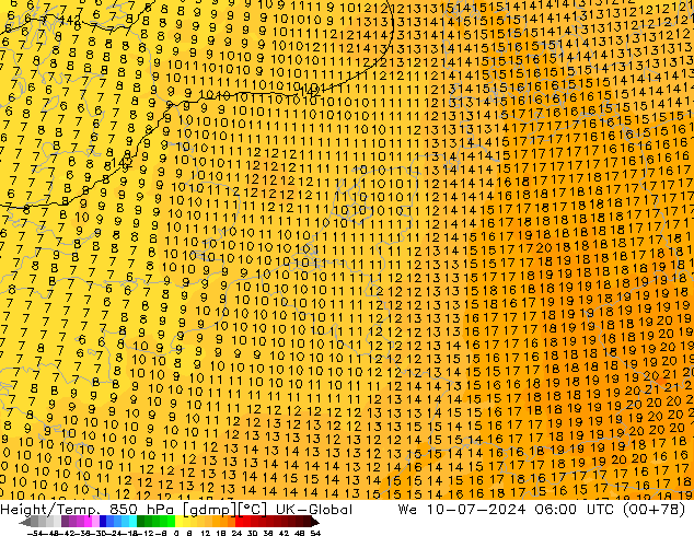 Hoogte/Temp. 850 hPa UK-Global wo 10.07.2024 06 UTC