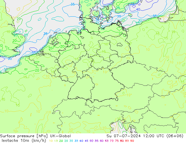 Isotachen (km/h) UK-Global zo 07.07.2024 12 UTC