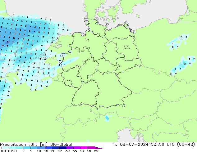 降水量 (6h) UK-Global 星期二 09.07.2024 06 UTC