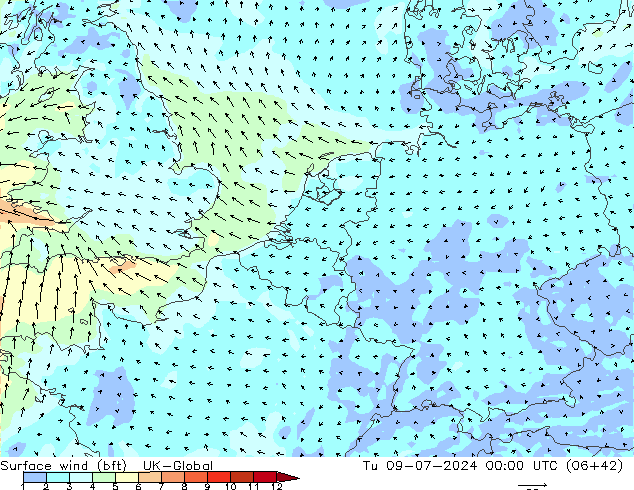 Wind 10 m (bft) UK-Global di 09.07.2024 00 UTC