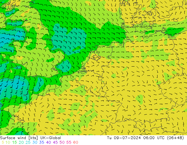 风 10 米 UK-Global 星期二 09.07.2024 06 UTC