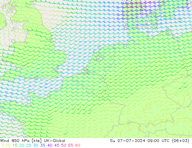 风 850 hPa UK-Global 星期日 07.07.2024 09 UTC