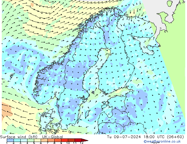 Wind 10 m (bft) UK-Global di 09.07.2024 18 UTC