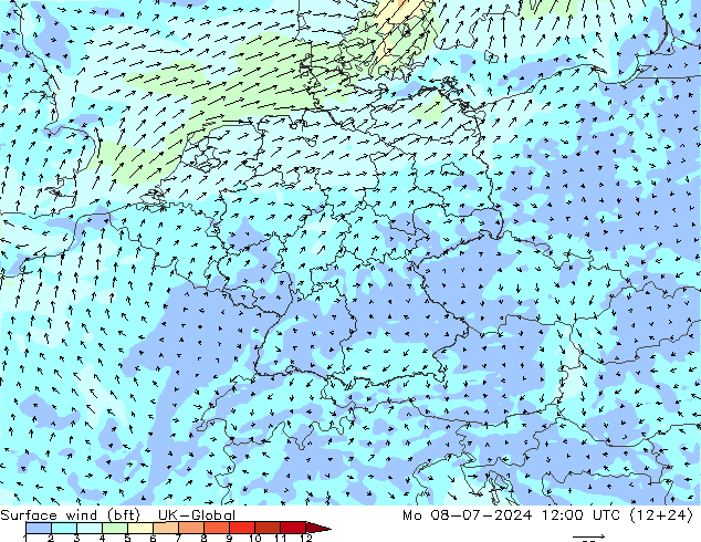 Wind 10 m (bft) UK-Global ma 08.07.2024 12 UTC