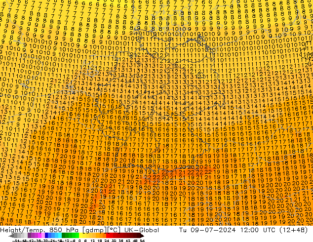 Hoogte/Temp. 850 hPa UK-Global di 09.07.2024 12 UTC