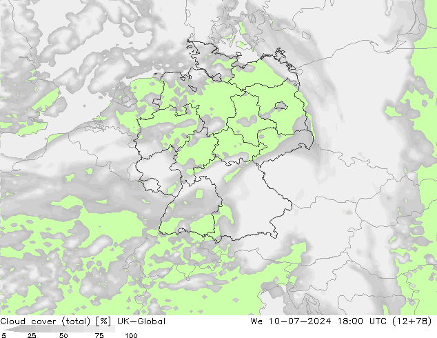 Bewolking (Totaal) UK-Global wo 10.07.2024 18 UTC