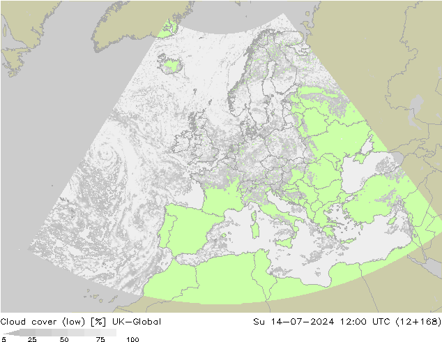 Bewolking (Laag) UK-Global zo 14.07.2024 12 UTC