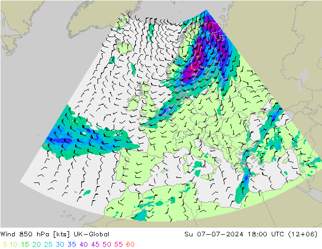 风 850 hPa UK-Global 星期日 07.07.2024 18 UTC