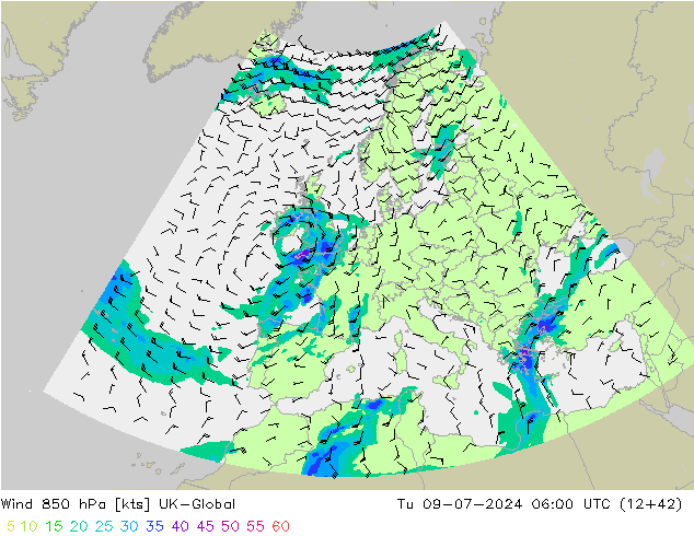 风 850 hPa UK-Global 星期二 09.07.2024 06 UTC