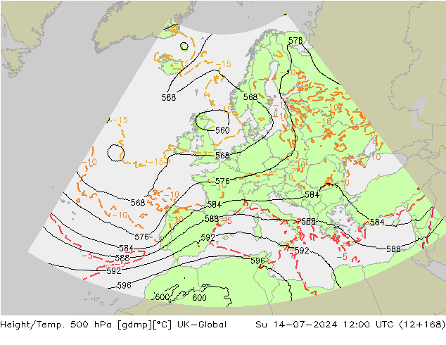 Hoogte/Temp. 500 hPa UK-Global zo 14.07.2024 12 UTC