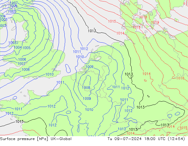 Luchtdruk (Grond) UK-Global di 09.07.2024 18 UTC