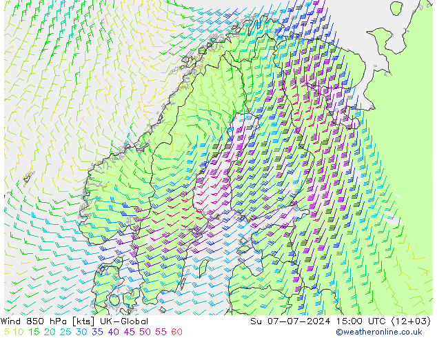 风 850 hPa UK-Global 星期日 07.07.2024 15 UTC