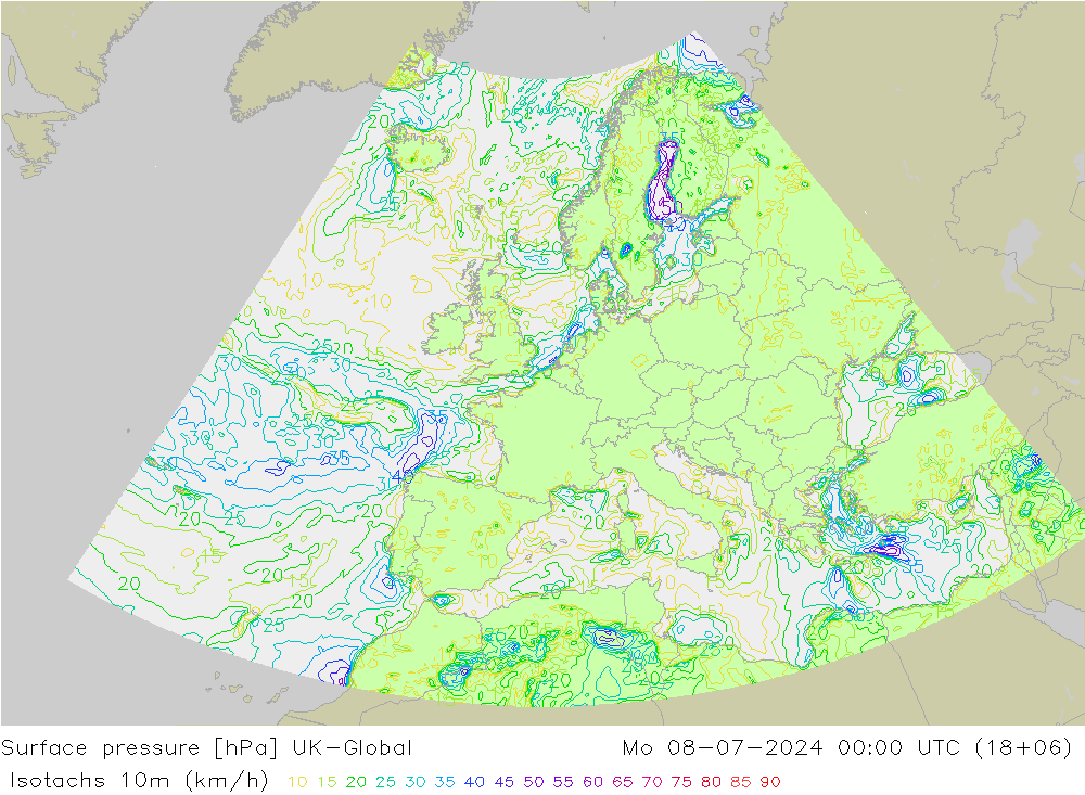 Isotachen (km/h) UK-Global ma 08.07.2024 00 UTC