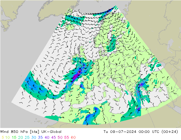 风 850 hPa UK-Global 星期二 09.07.2024 00 UTC
