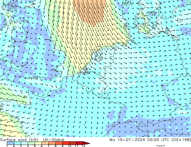 Wind 10 m (bft) UK-Global ma 15.07.2024 00 UTC