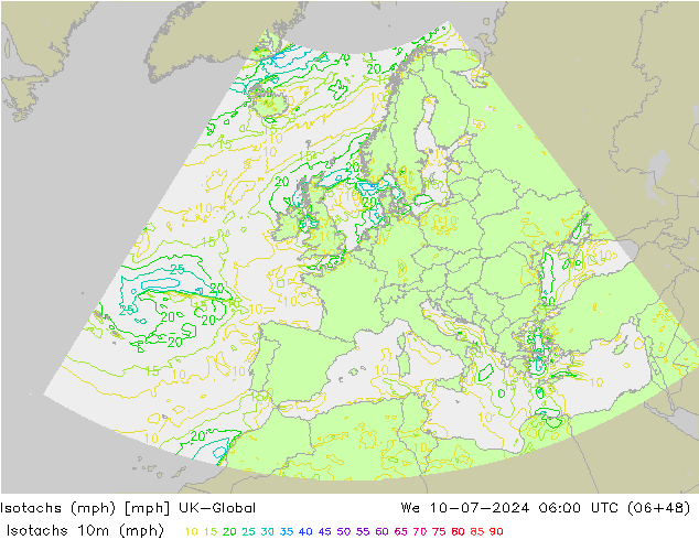 Isotachs (mph) UK-Global 星期三 10.07.2024 06 UTC