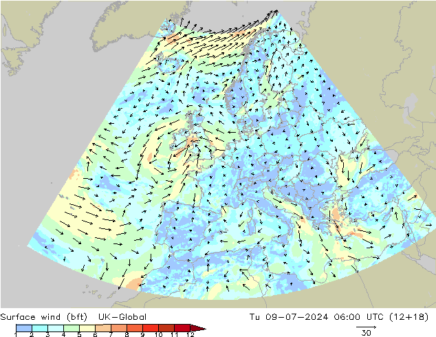 Wind 10 m (bft) UK-Global di 09.07.2024 06 UTC
