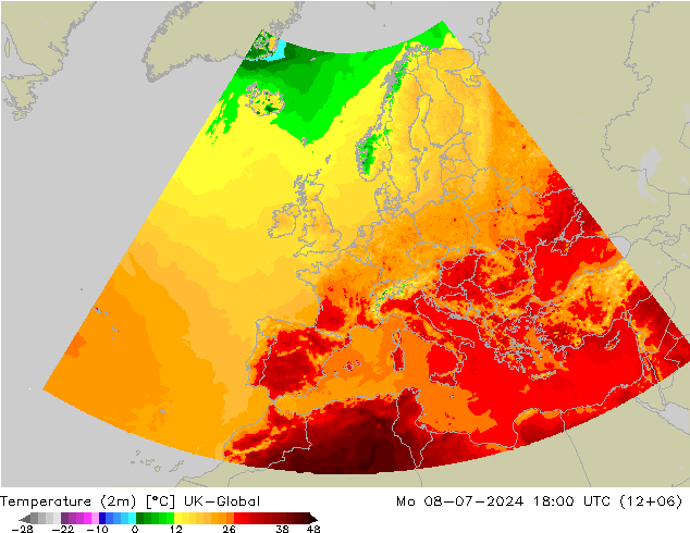 Temperatuurkaart (2m) UK-Global ma 08.07.2024 18 UTC