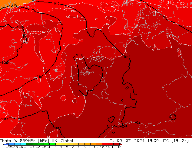Theta-W 850hPa UK-Global di 09.07.2024 18 UTC