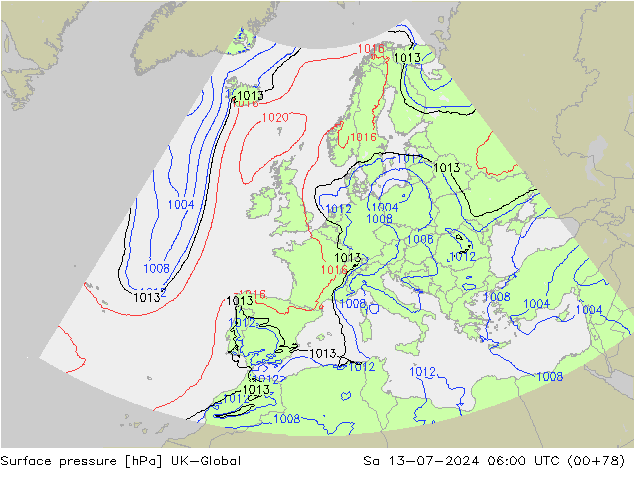 地面气压 UK-Global 星期六 13.07.2024 06 UTC