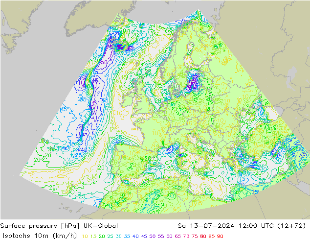 10米等风速线 (kph) UK-Global 星期六 13.07.2024 12 UTC