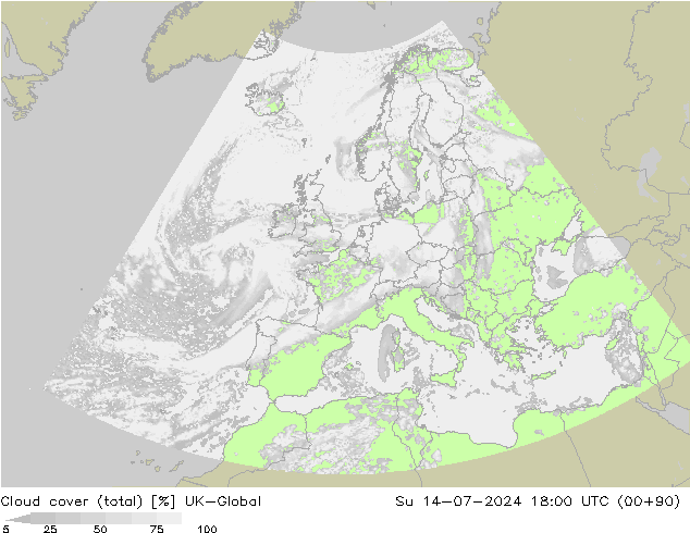 Bewolking (Totaal) UK-Global zo 14.07.2024 18 UTC
