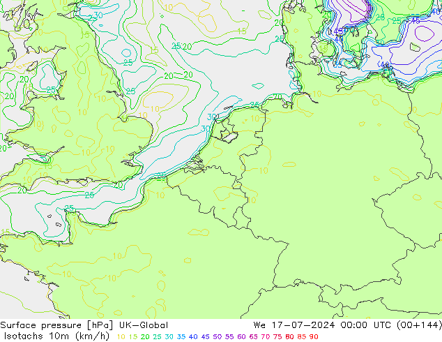 Isotachen (km/h) UK-Global wo 17.07.2024 00 UTC