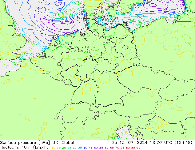 Isotachen (km/h) UK-Global za 13.07.2024 18 UTC