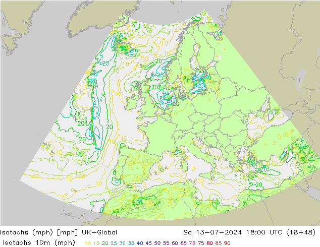 Isotachen (mph) UK-Global za 13.07.2024 18 UTC