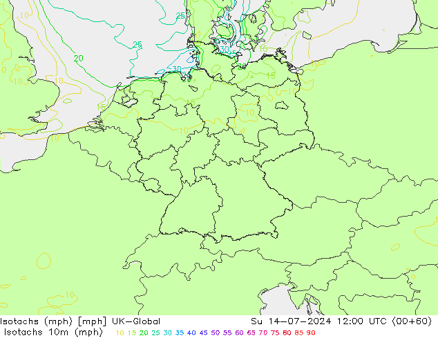 Isotachen (mph) UK-Global zo 14.07.2024 12 UTC