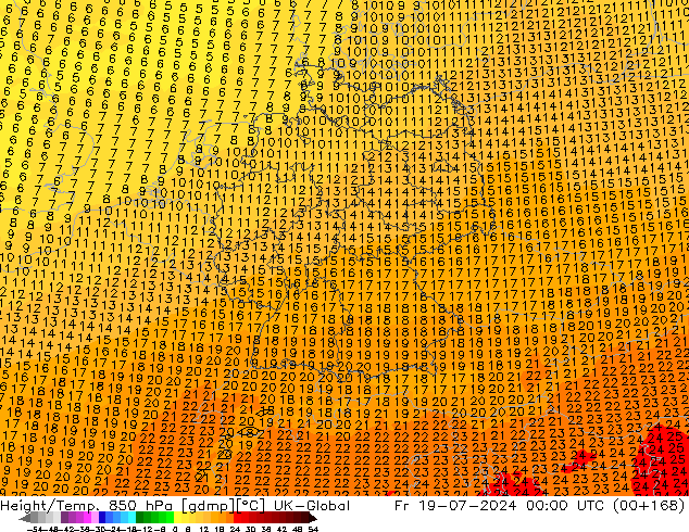 Hoogte/Temp. 850 hPa UK-Global vr 19.07.2024 00 UTC