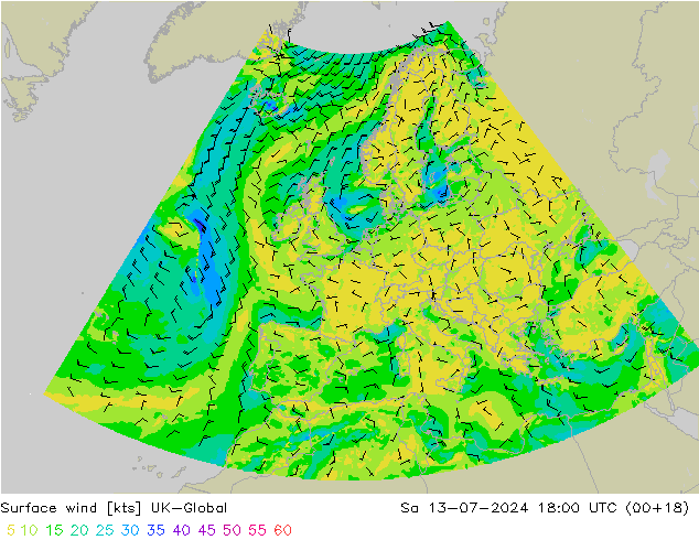 风 10 米 UK-Global 星期六 13.07.2024 18 UTC