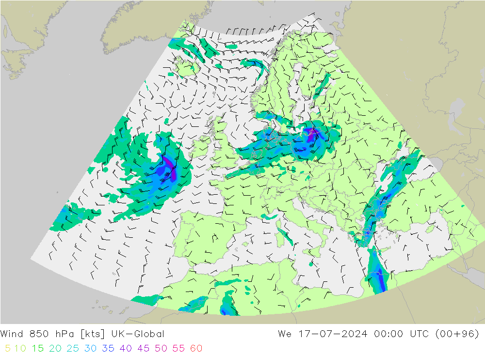 风 850 hPa UK-Global 星期三 17.07.2024 00 UTC
