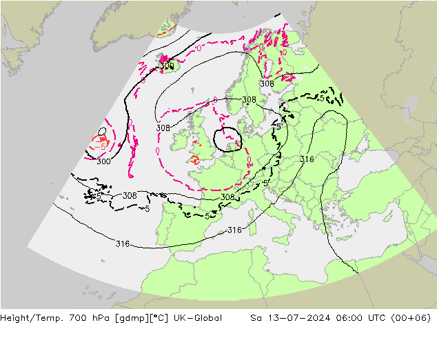 Hoogte/Temp. 700 hPa UK-Global za 13.07.2024 06 UTC