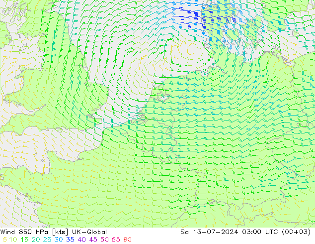 风 850 hPa UK-Global 星期六 13.07.2024 03 UTC